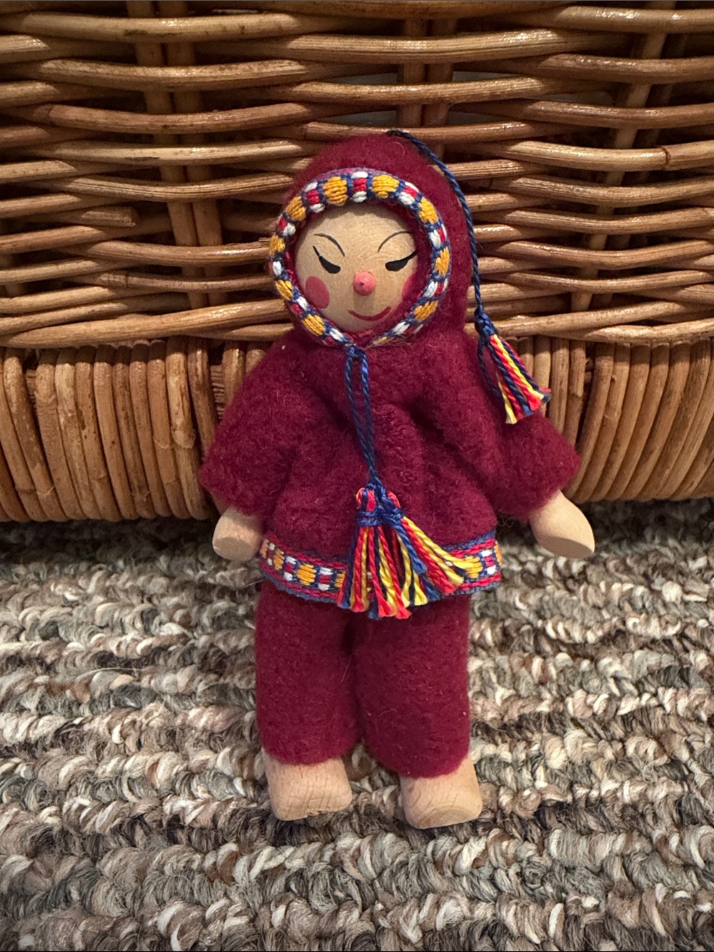 Handcrafted Maroon Folk Art Biegepuppe Doll handmade in West Germany